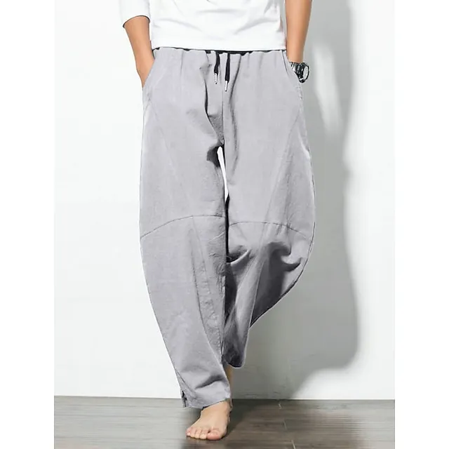 Men's Linen Pants Trousers Summer Pants Bloomers Beach Pants Pocket Drawstring Elastic Waist Plain Lightweight Ankle-Length Daily Yoga Fashion Casual Loose Fit Black White