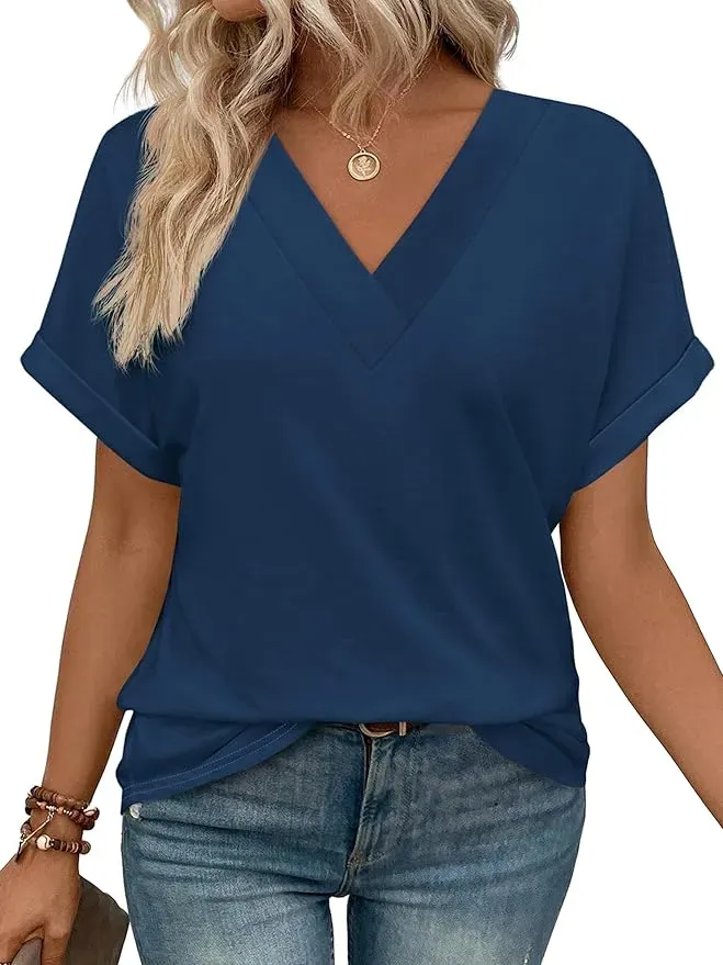 ✨Womens Summer V Neck Short Sleeve Solid Color Basic T Shirt