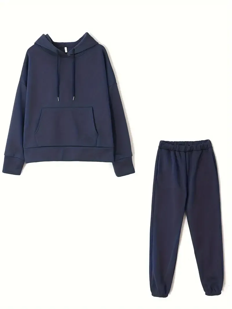2PCS Oversized Athleisure Set: Solid Hooded Pocket Drawstring Sweatshirts & Sweatpants Sets for Women, Plus Size Comfortable Clothing