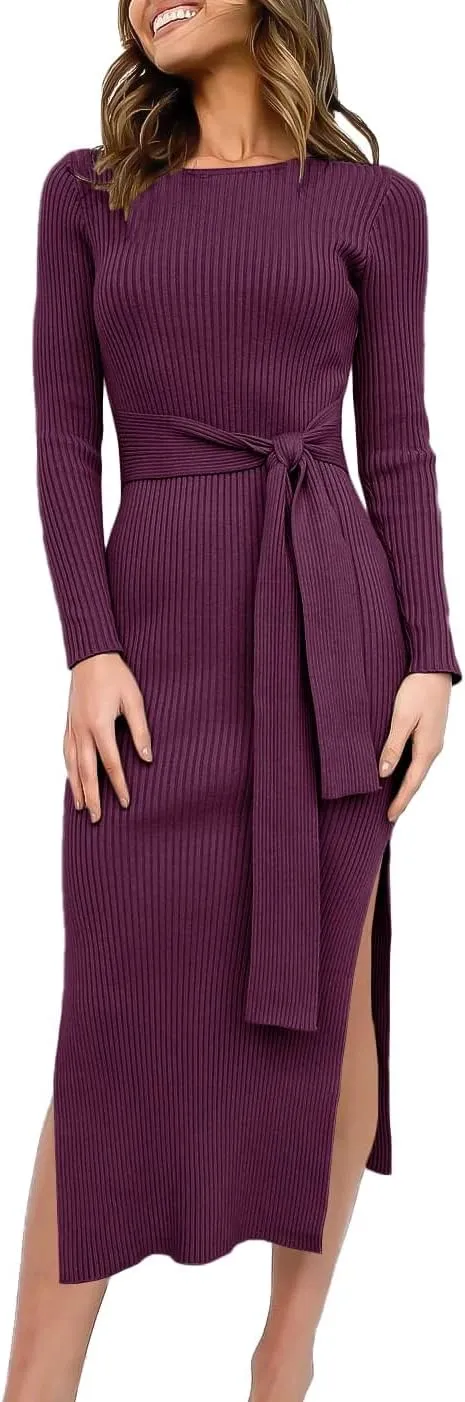 Long Sleeve Sweater Dress Crew Neck Slim Fit Slit Tie Waist 2024 Ribbed Knit Bodycon Midi Dress Fall Outfits