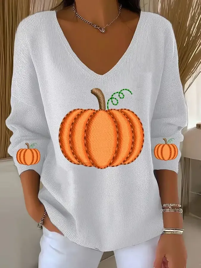 Women's Casual Pumpkin Floral Long Sleeve T-Shirt