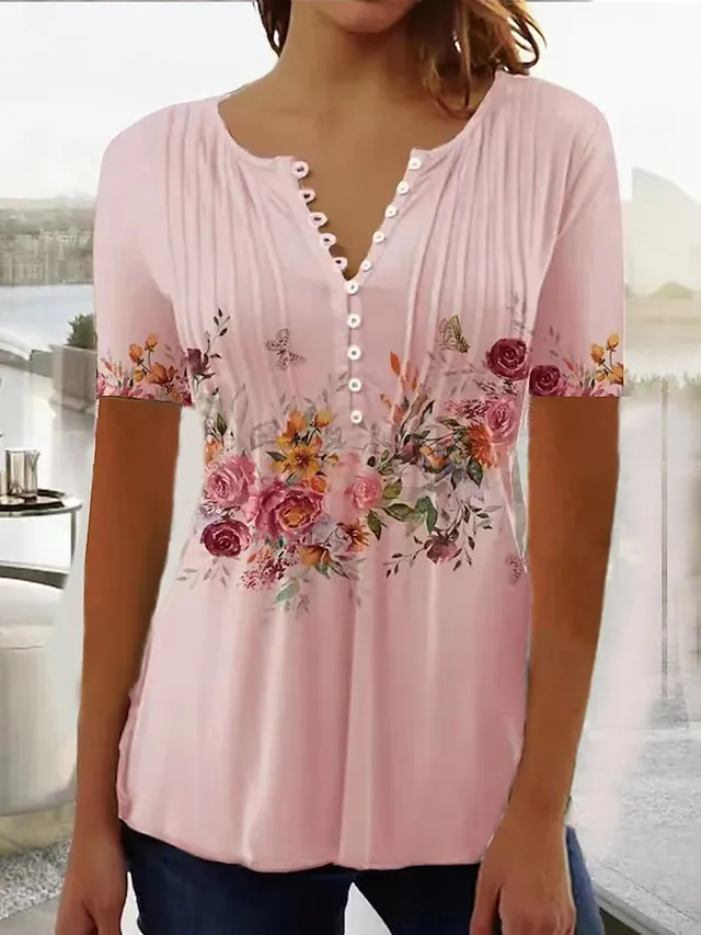 Women's Shirt Blouse White Pink Blue Floral Button Print Short Sleeve Casual Holiday Tunic Basic Round Neck Regular Fit Floral
