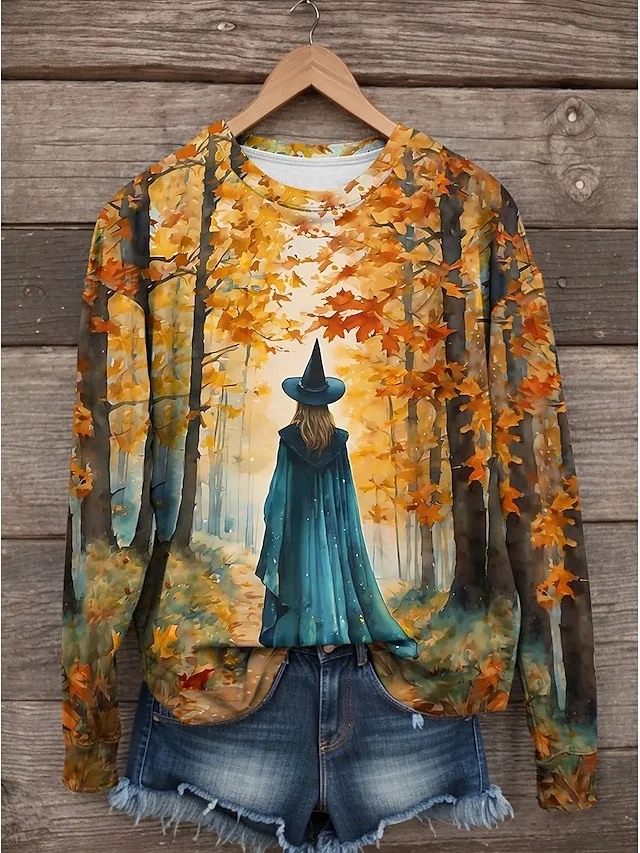 Women's Sweatshirt Halloween Witch Halloween Print Yellow Purple Green Casual Loose Fit Crew Neck Long Sleeve Inelastic Spring Fall