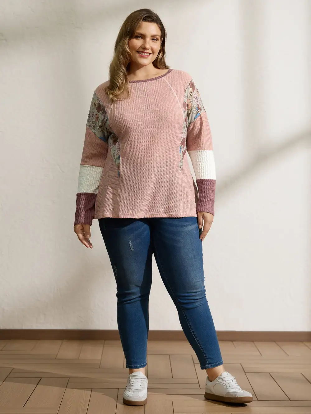 Floral Colorblock Waffle Round Neck Sweatshirt