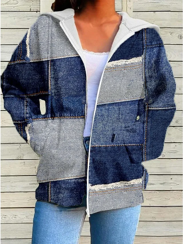 Women's Zip Hoodie Sweatshirt Streetwear Zip Up Front Pocket Navy Blue Blue Light Blue Geometric Christmas Casual Hoodie Long Sleeve Top Micro-elastic Fall & Winter