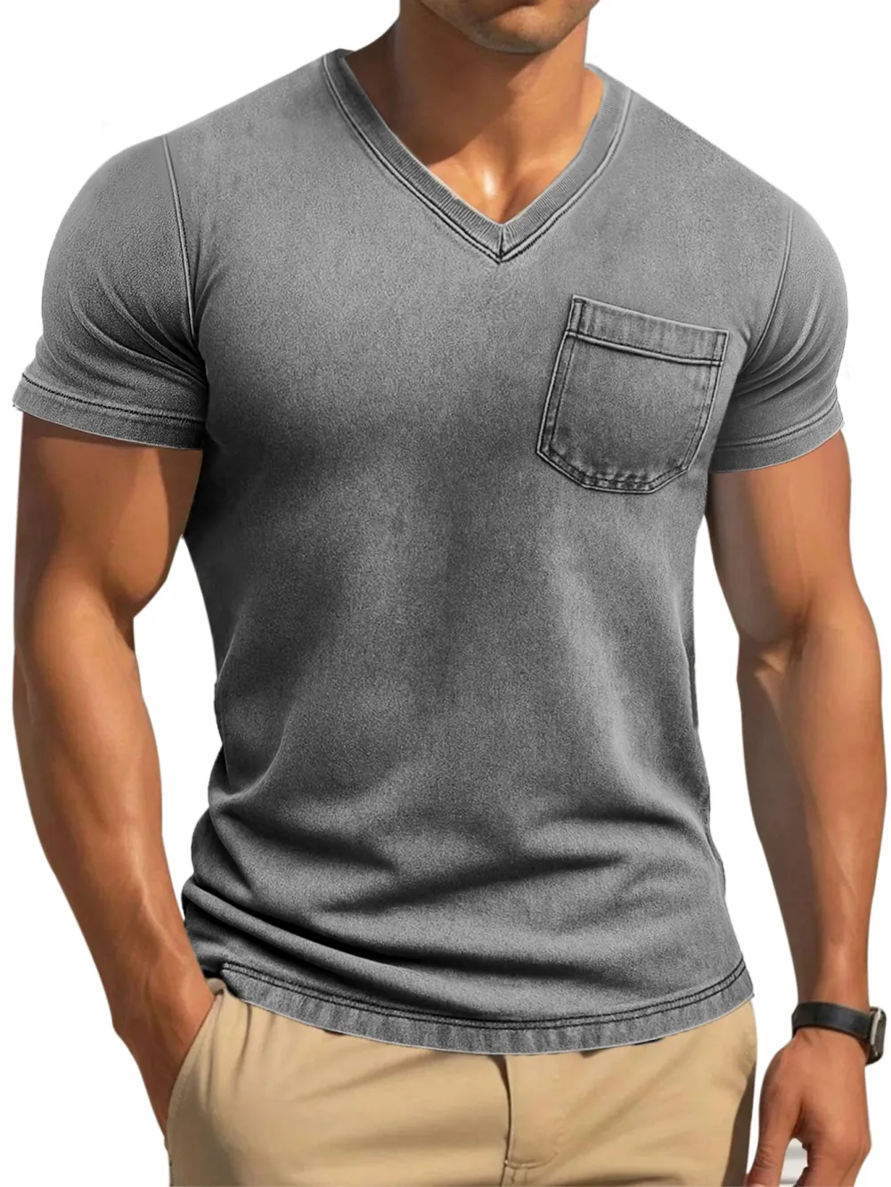 Men's Retro Solid Color Tight And Comfortable V-neck Short-sleeved T-shirt
