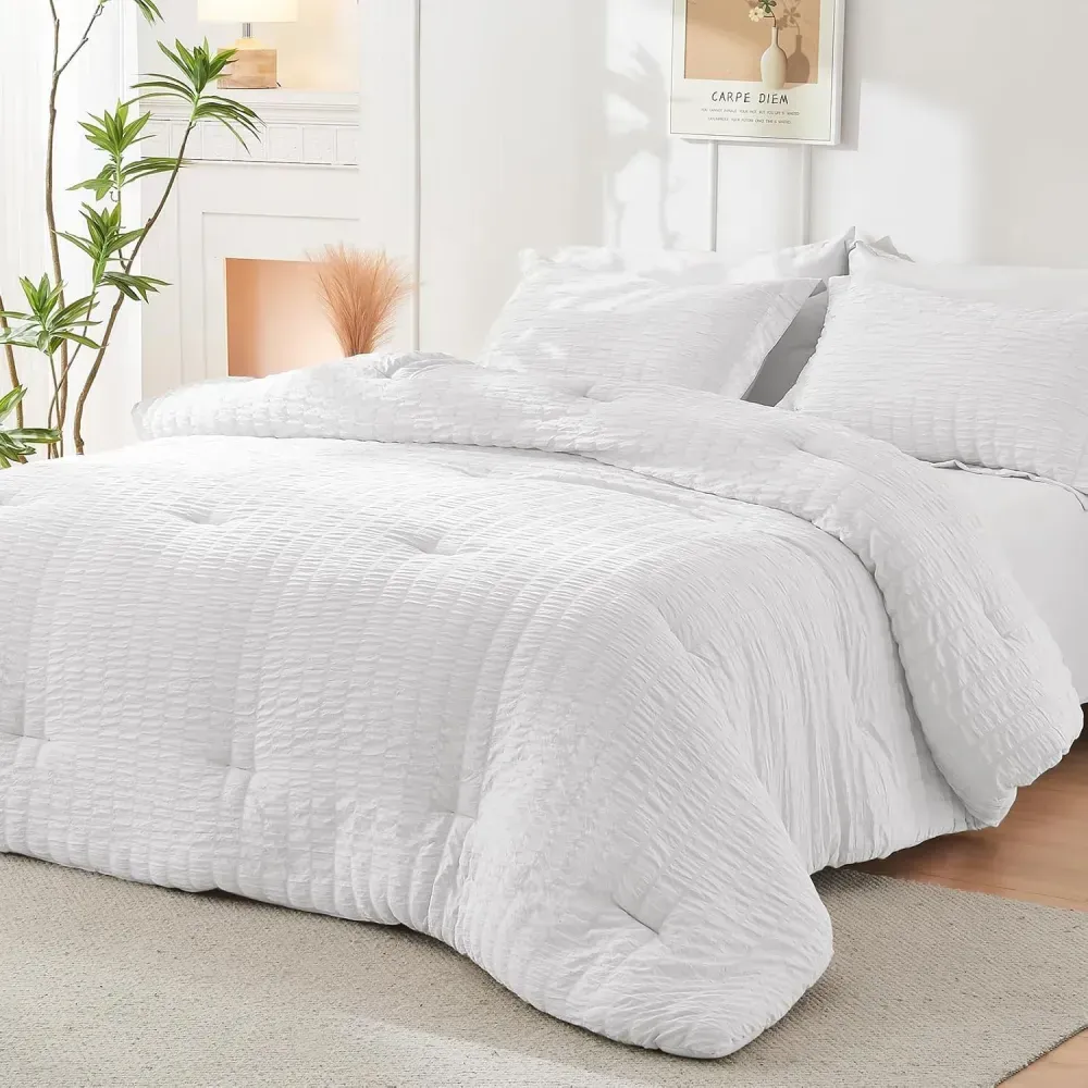 Queen Comforter Set Seersucker 7 Pieces, All Season Luxury Bed in a Bag for Bedroom, Bedding Set with Comforters, Sheets, Pillowcases & Shams, Dark Grey