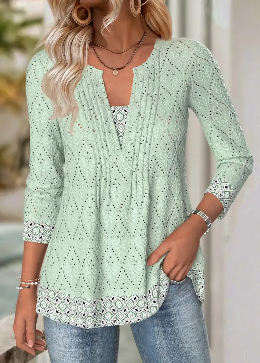 Sage Green Fake 2in1 Tribal Print T Shirt