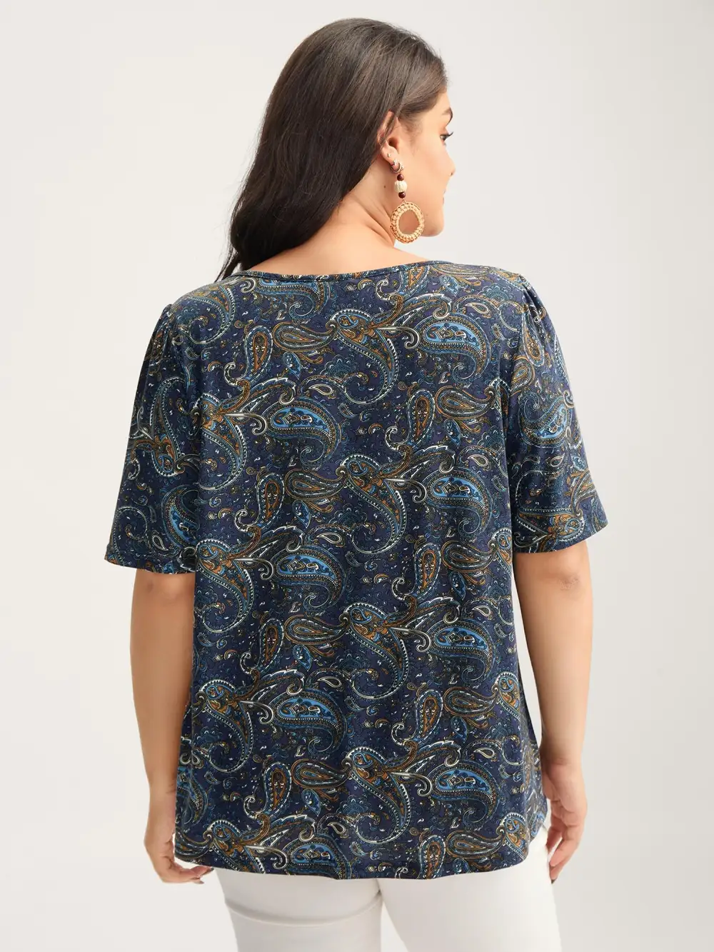 Paisley Print Neck Cut-Out Pleated Top