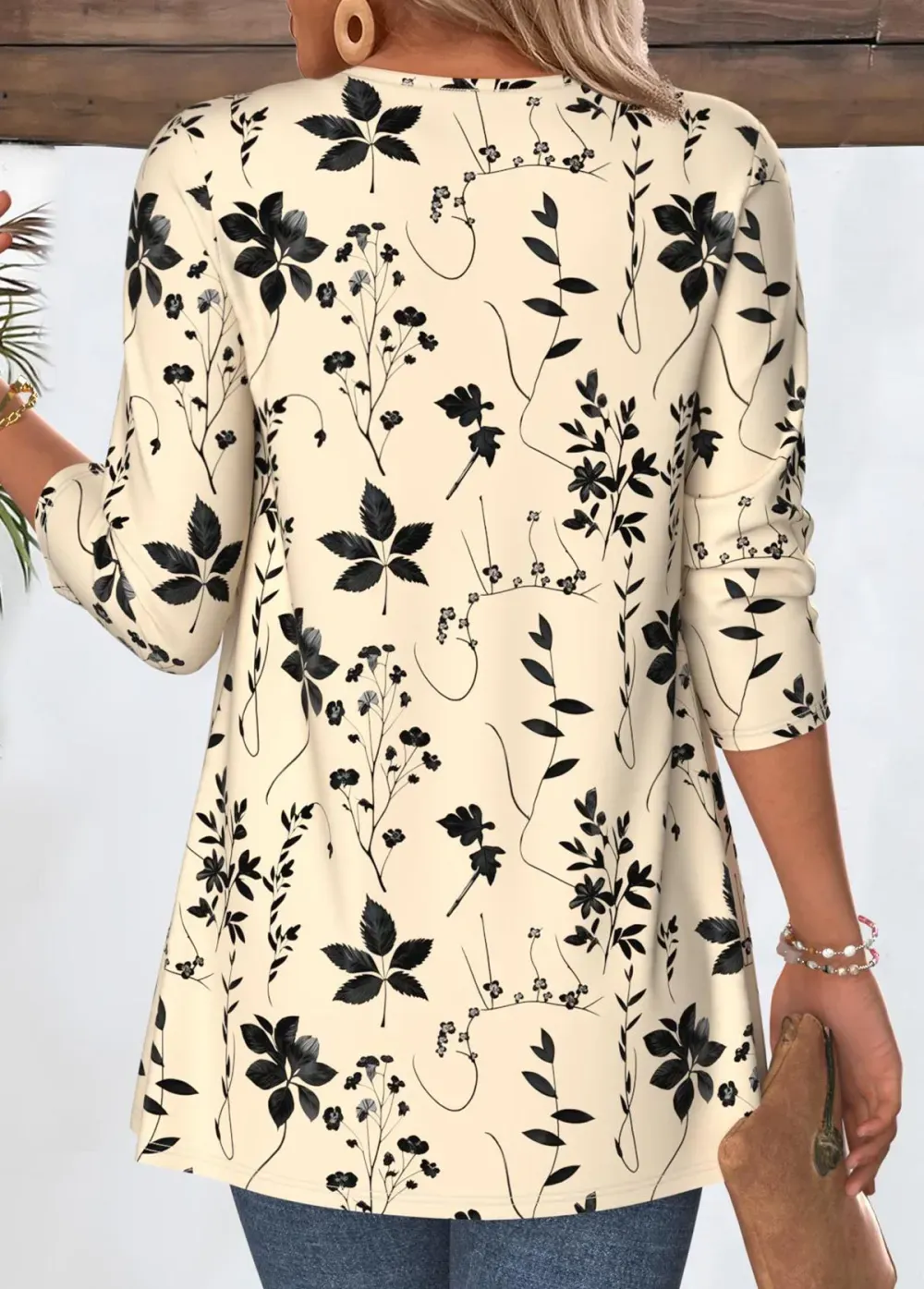 Beige Leaf Print 3/4 Sleeve Light Cardigan