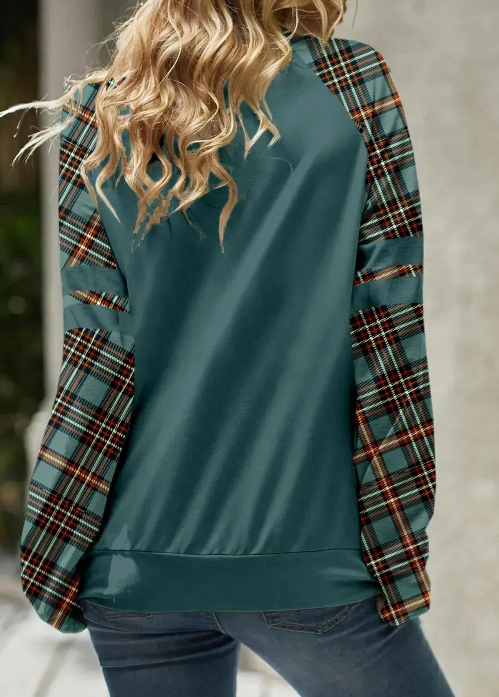 Turquoise Patchwork Plaid Long Sleeve Cowl Neck Sweatshirt