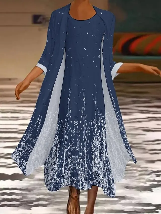 Women's Two Piece Dress Church Dress Long Dress Maxi Dress Dusty Blue Long Sleeve Color Block Print Summer Spring Crew Neck Stylish Winter Dress Fall Dress Loose Fit 2023 S M L XL XXL 3XL 4XL 5XL
