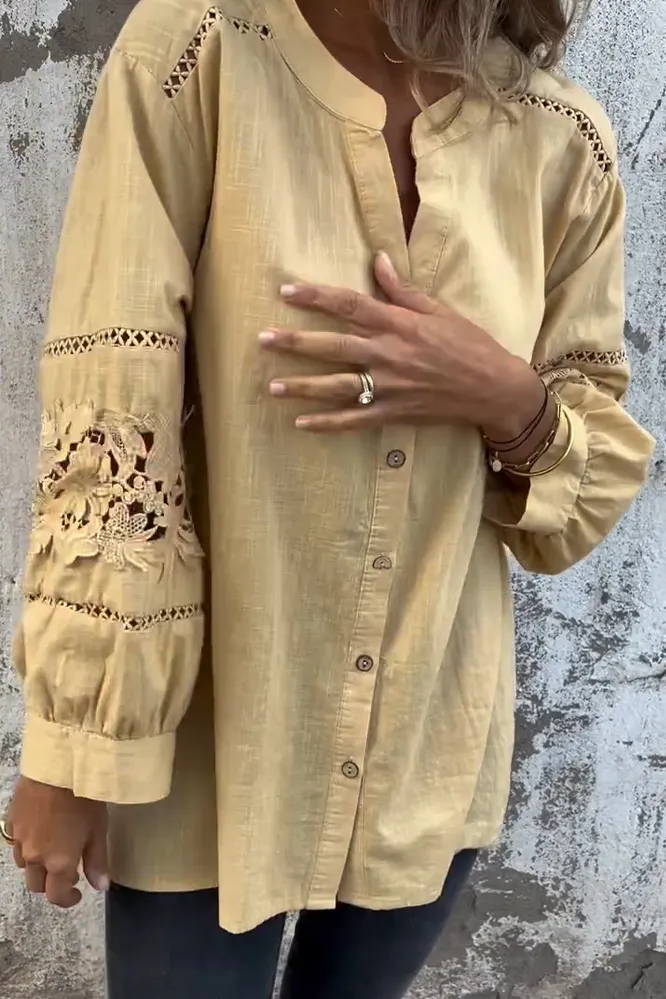 Women's Cotton And Linen Hollow Flower Pattern Shirt