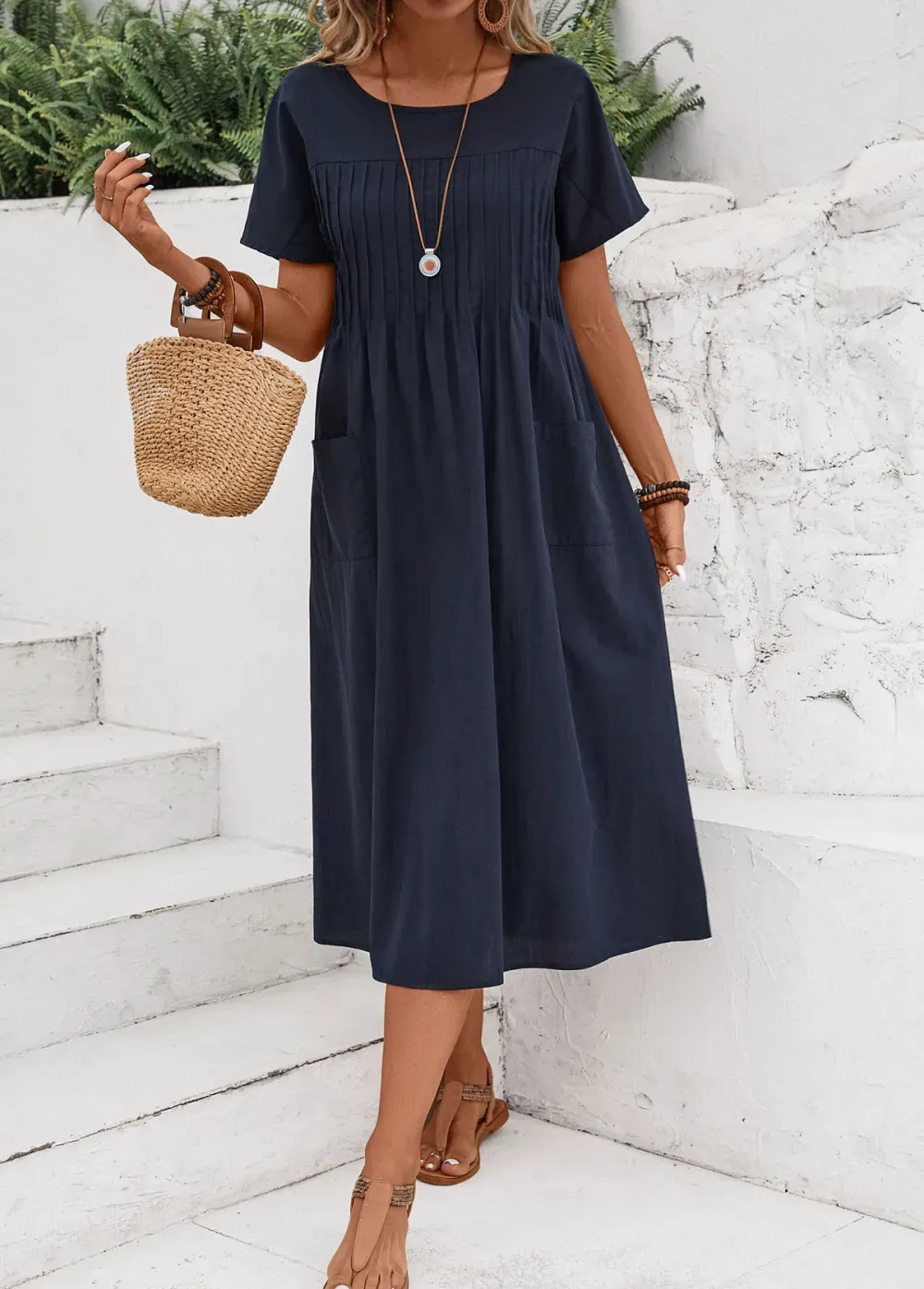 Navy Tuck Stitch Short Sleeve Round Neck Dress