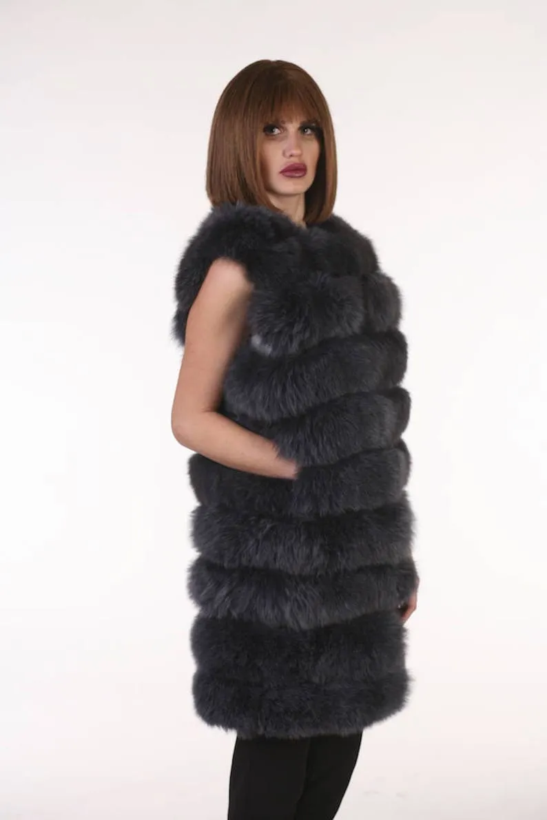 Dark Grey Fox Fur vest hoodedWomen’s