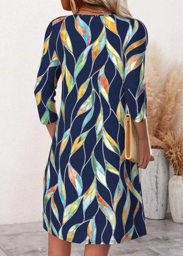 Navy Leaf Print Short Long Sleeve Split Neck Dress