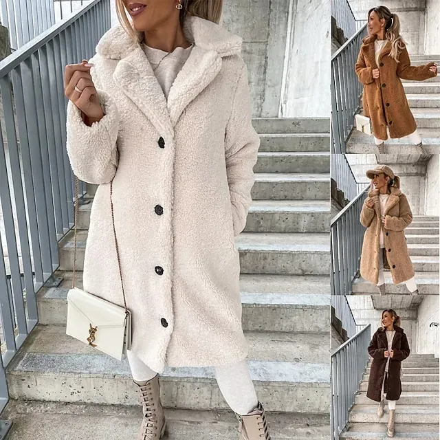 Women's Sherpa Jacket Comfortable Breathable Buttons Elegant Casual Plain Vacation Street Casual Daily Wear Single Breasted Long Hooded Regular Fit Long Sleeve Outerwear Brown Khaki Beige Spring Fall