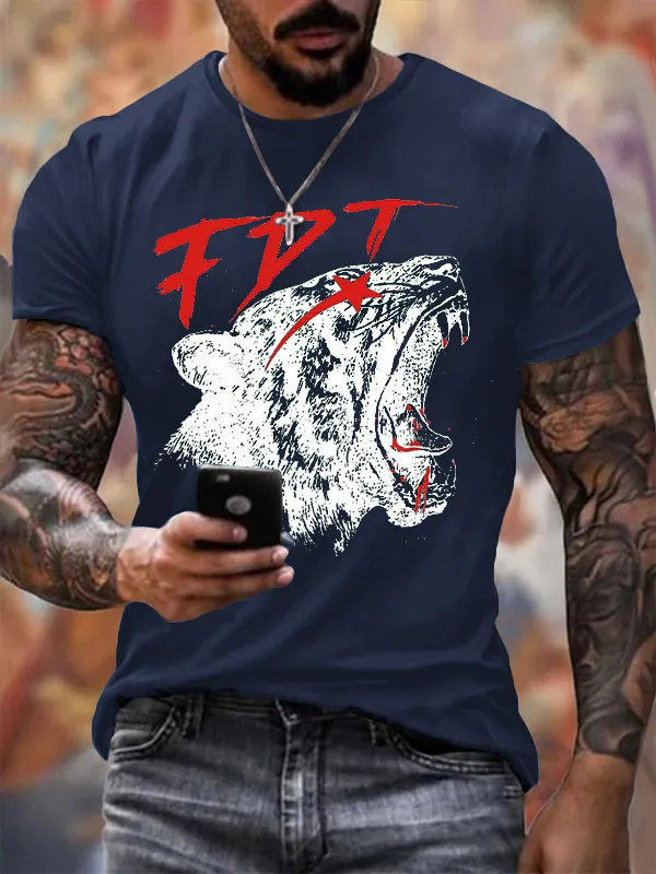 Men'S T-Shirt Men'S Vintage FDT Printed Casual Crew Collar T-Shirt Pure Cotton Short Sleeves