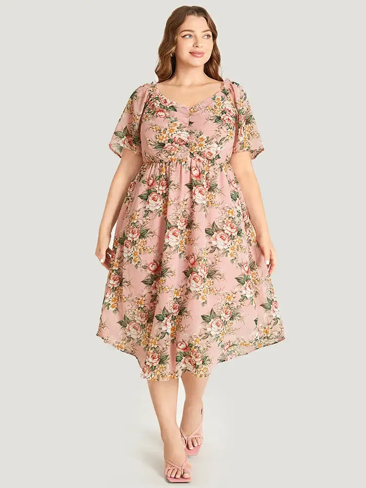 Floral Print Ruched Pocket Frill Trim Ruffle Arc Hem Dress