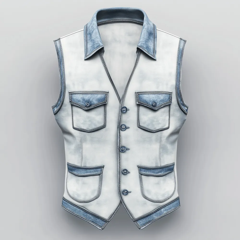 Men's Denim Patchwork Turndown Collar V Neck Single Breasted Flap Pocket Vest