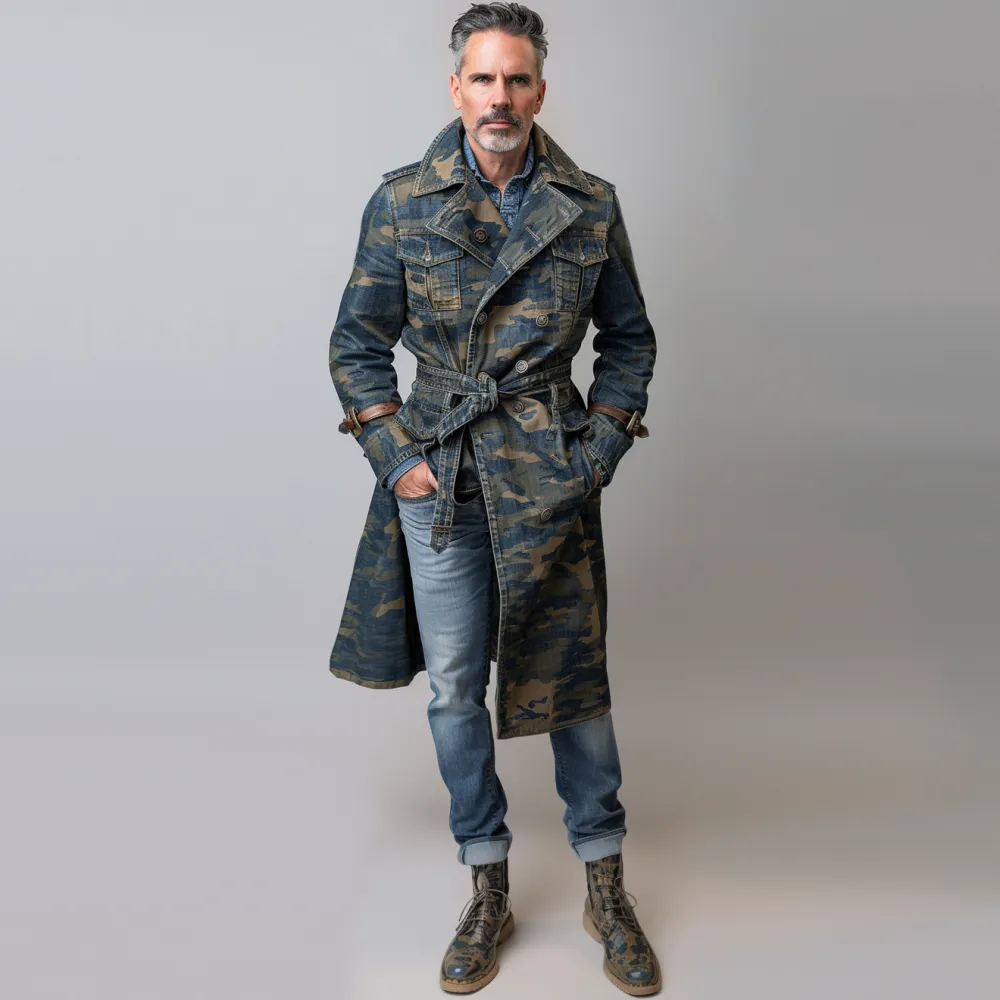 Men's Camo Peaked Lapel Lace Up Knee Length Trench Coat