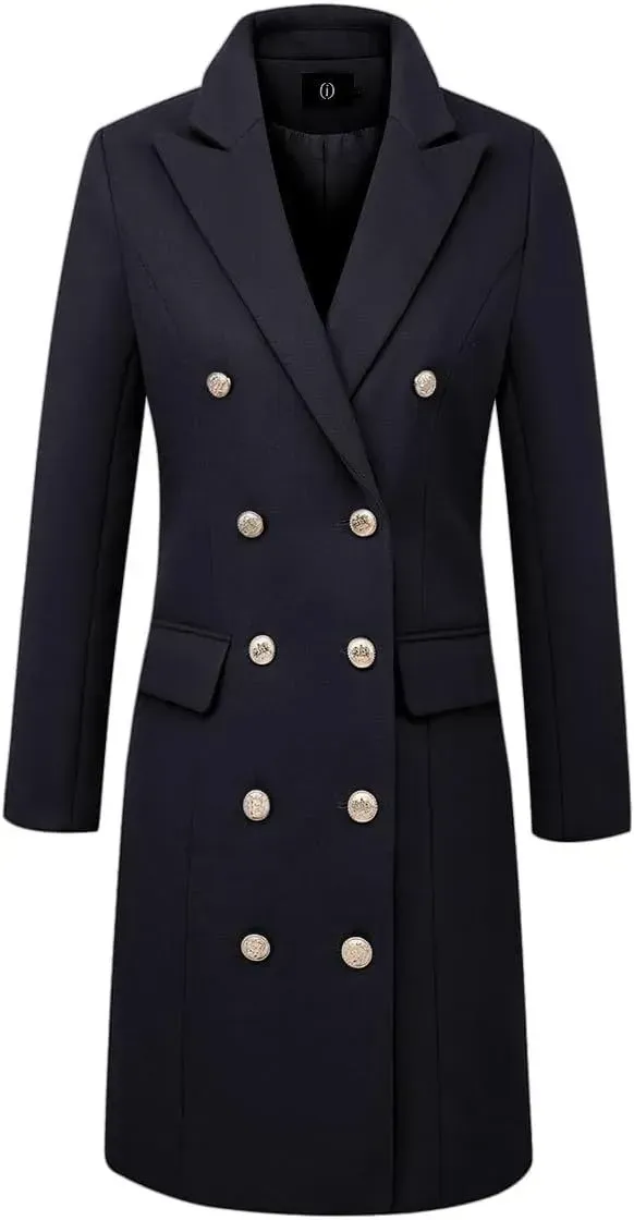 Womens Fall Winter Wool Coats Double Breasted Midi Peacoat Trench Coats