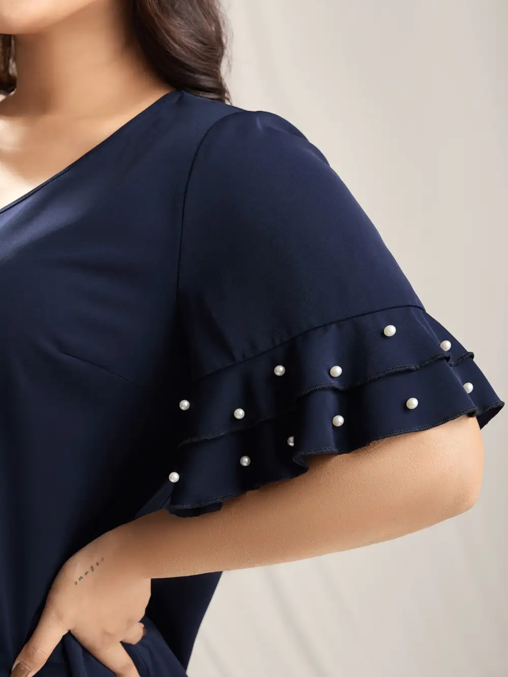 Beaded Layered Sleeve Plain Blouse