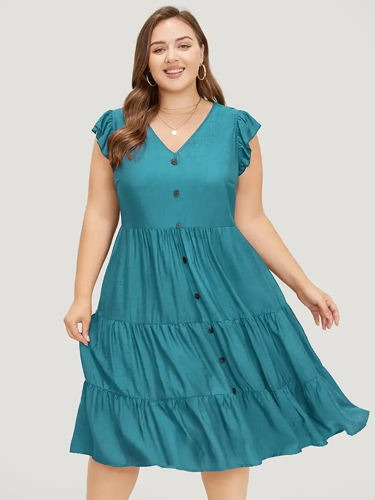 Plain Pocket Button Detail Ruffle Layered Hem Dress