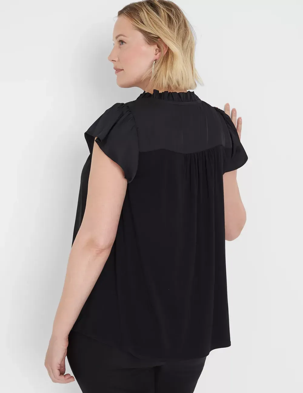 Flutter-Sleeve Woven Satin & Knit Top