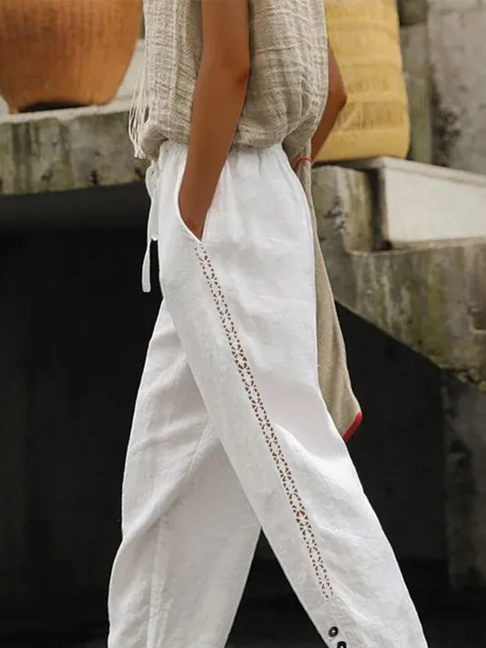 Casual Plain Lace Mesh Side Solid Drawstring Cotton Pant