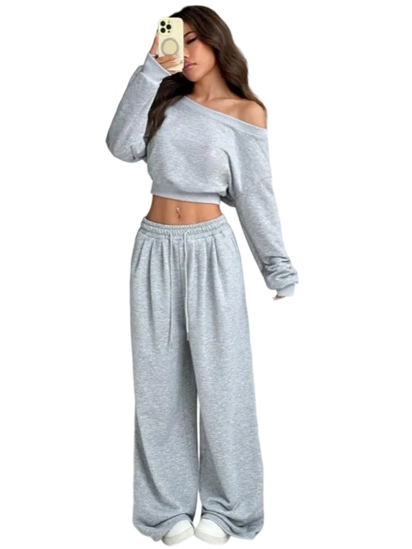 Women's Solid One-Shoulder Hoodie Set: Loose Knit, Long Sleeve Short Top