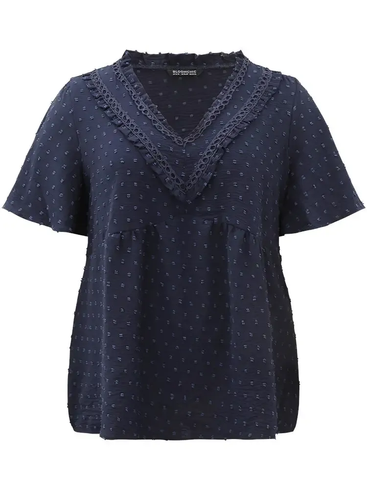 Polka Dot Frill Trim V Neck Flutter Blouse