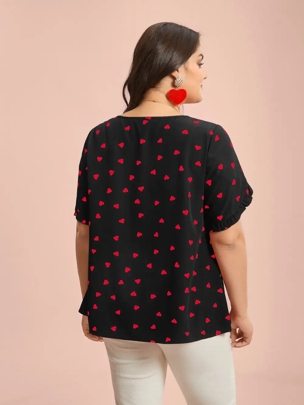 Ruffled Overlap Sleeve Heart Pattern Blouse