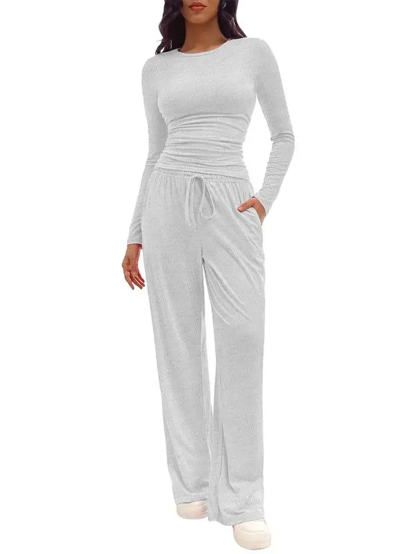 Women's 2-Piece Lounge Set – Solid Ruched Tee & Drawstring Pants, Casual Everyday Sleepwear.