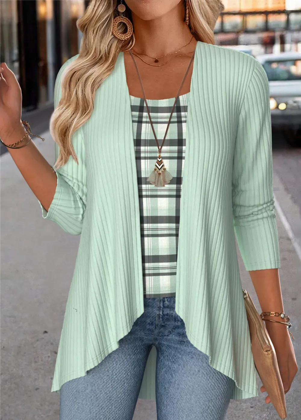 Mint Green Tummy Coverage Plaid Fake Two Piece Twinset