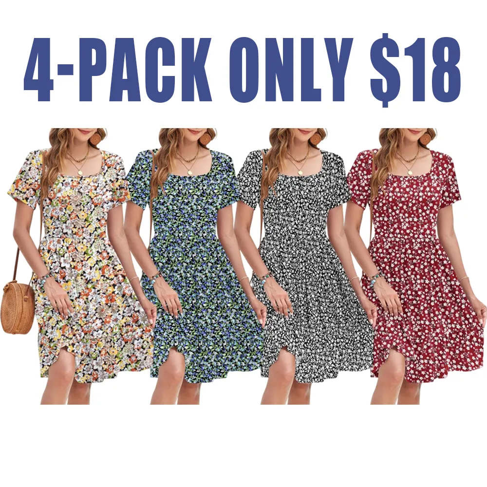 Women’s Ditsy Floral Square Neck A-Line Sundress with Pockets – Short Sleeve, Ruffle Hem