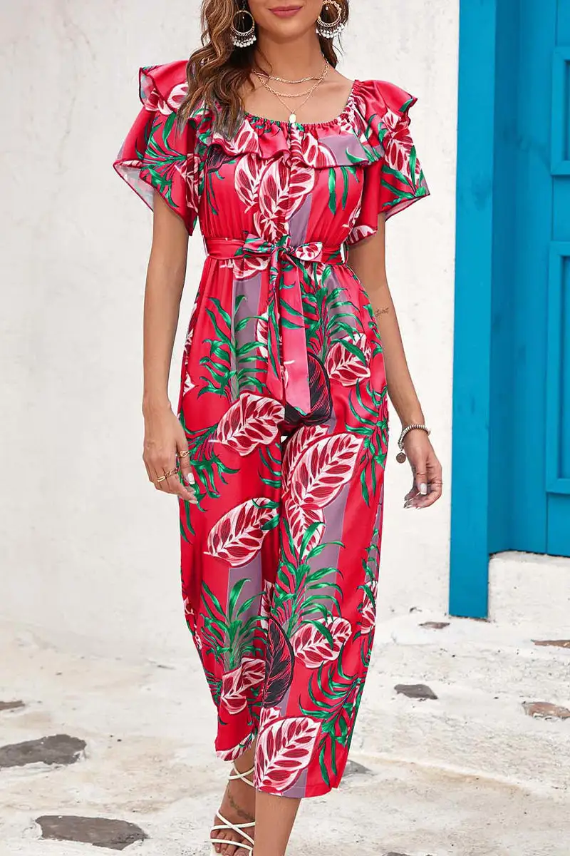 Bohemian College Floral Patchwork Flounce O Neck Loose Jumpsuits