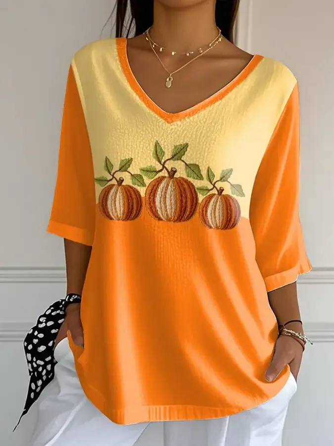 Women's Casual Retro Contrast Color Pumpkin Autumn Bubble Wrinkle Cropped Top