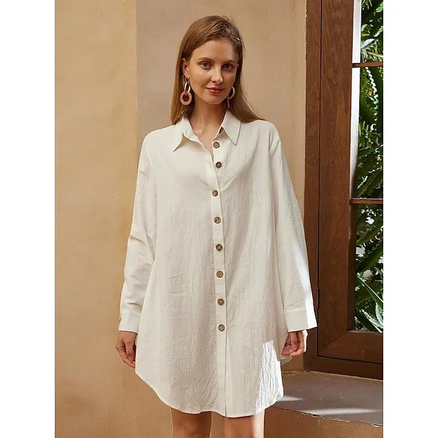 Women's Shirt Dress Mini Dress Cotton Linen Button Up Button Basic Casual Daily Shirt Collar Half Sleeve Summer Spring White
