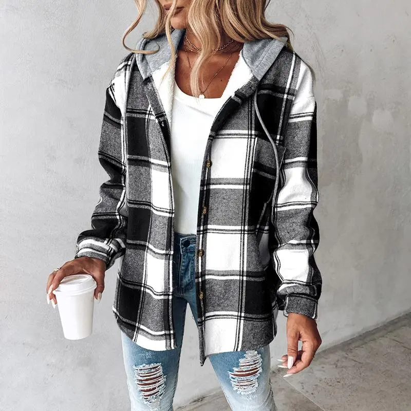 Women’s Plaid Hooded Shacket – Fleece-Lined Winter Jacket