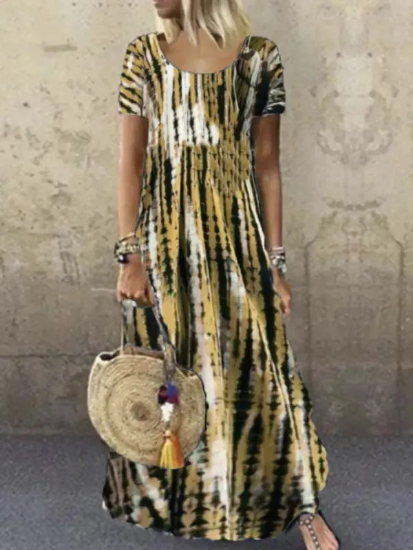 Ladies Round Neck Short Sleeve Tie-dye Printed Maxi Dress