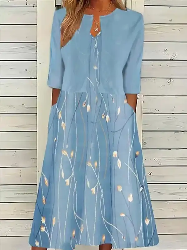 Blue Print Half Sleeve Midi Dress