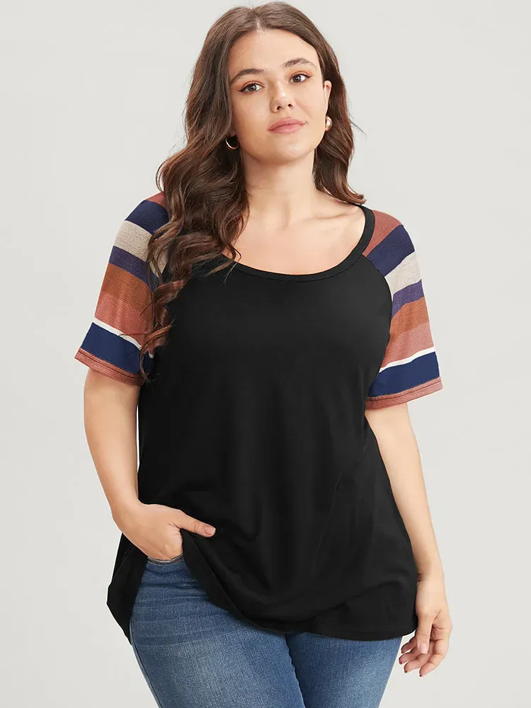 Striped Contrast Raglan Sleeve Round Neck T-shirt