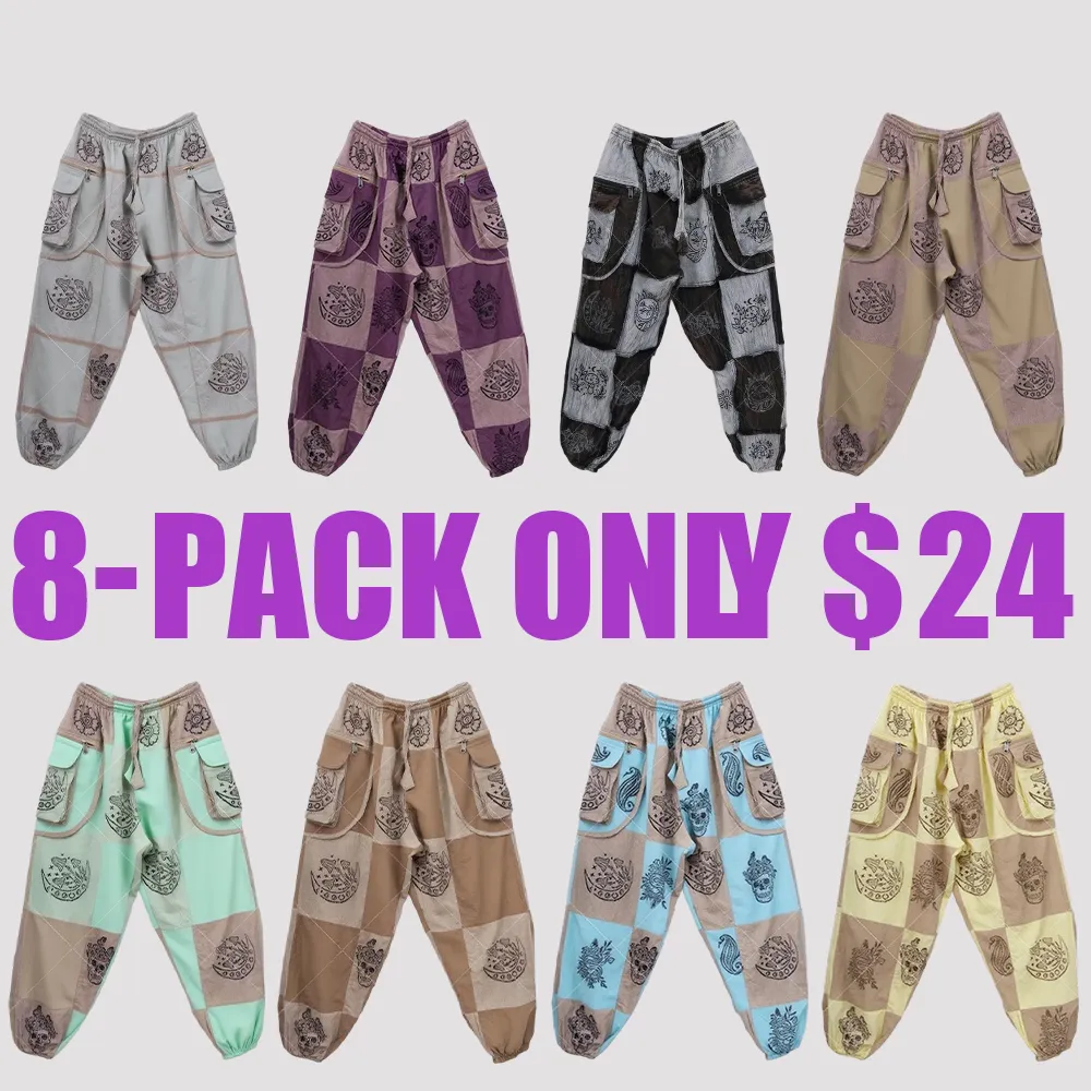 Unisex Patchwork Cotton Jogger Pants – Gothic Boho Style, Multi-Pocket Cargo Trousers, Plus Size Friendly