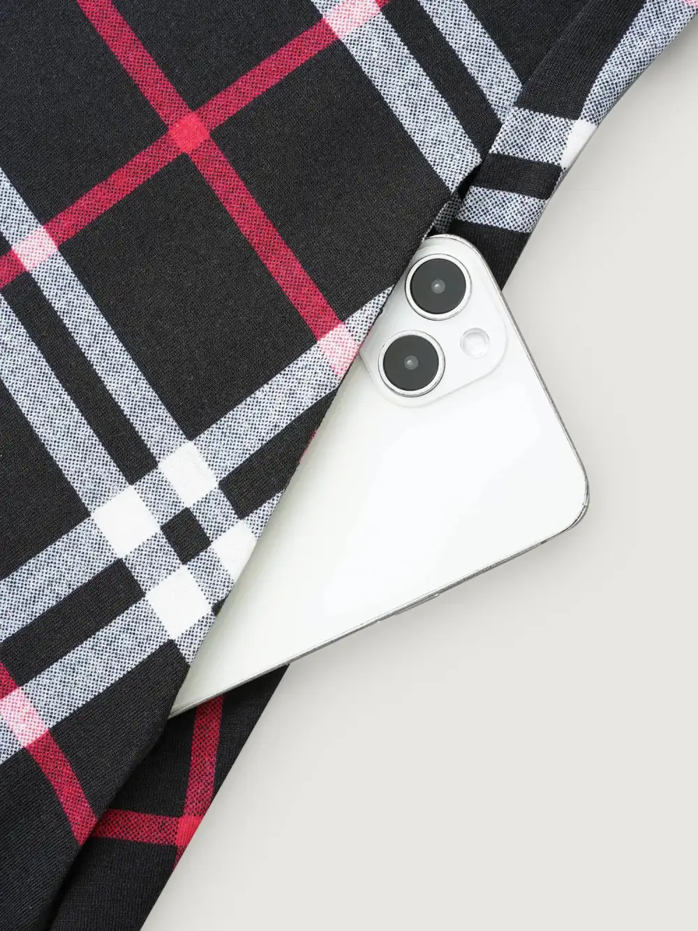 Plaid Asymmetrical Hem Pocket T-shirt