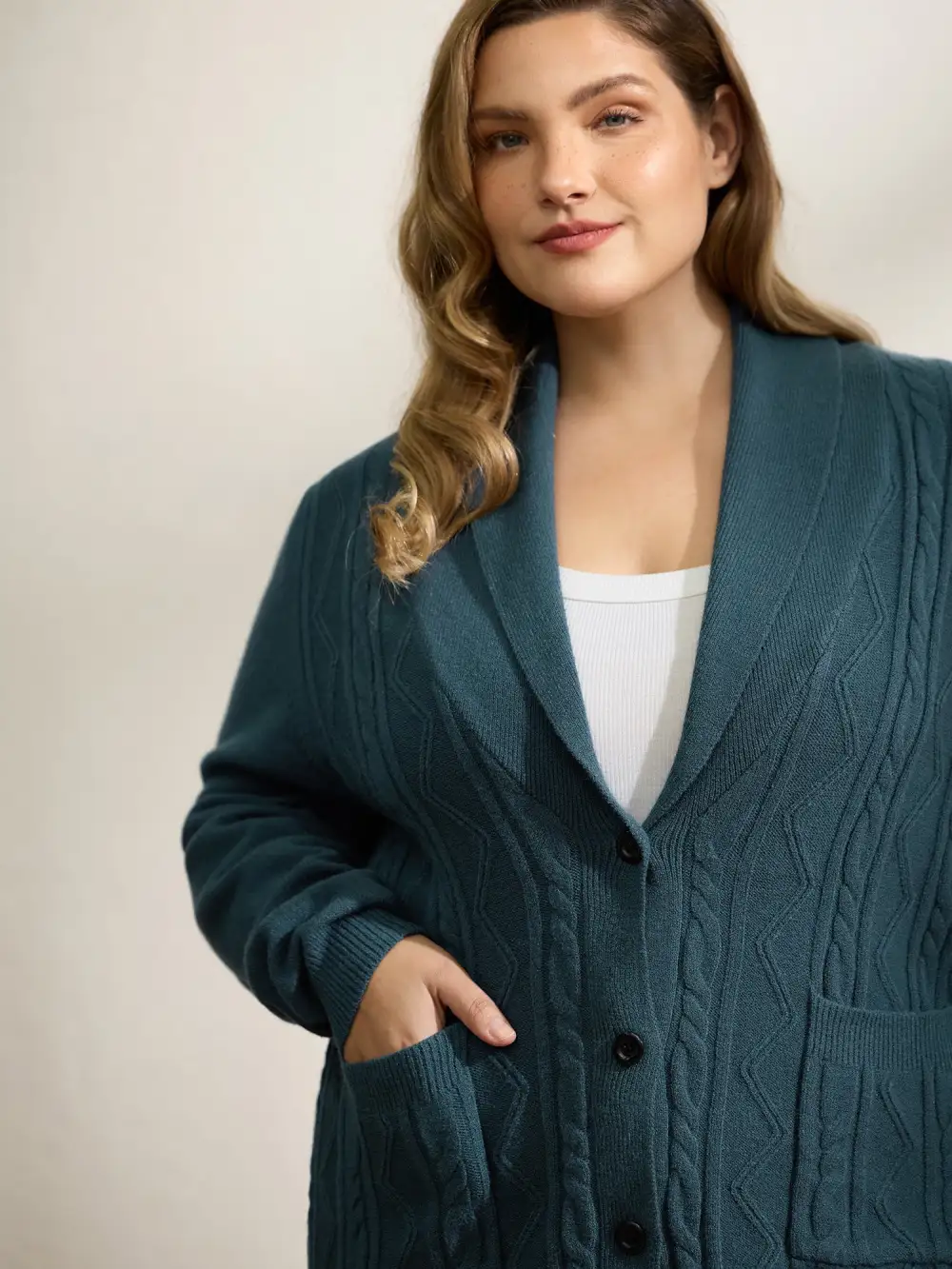 Cable Knit Pockets Shawl Collar Knit Cardigan