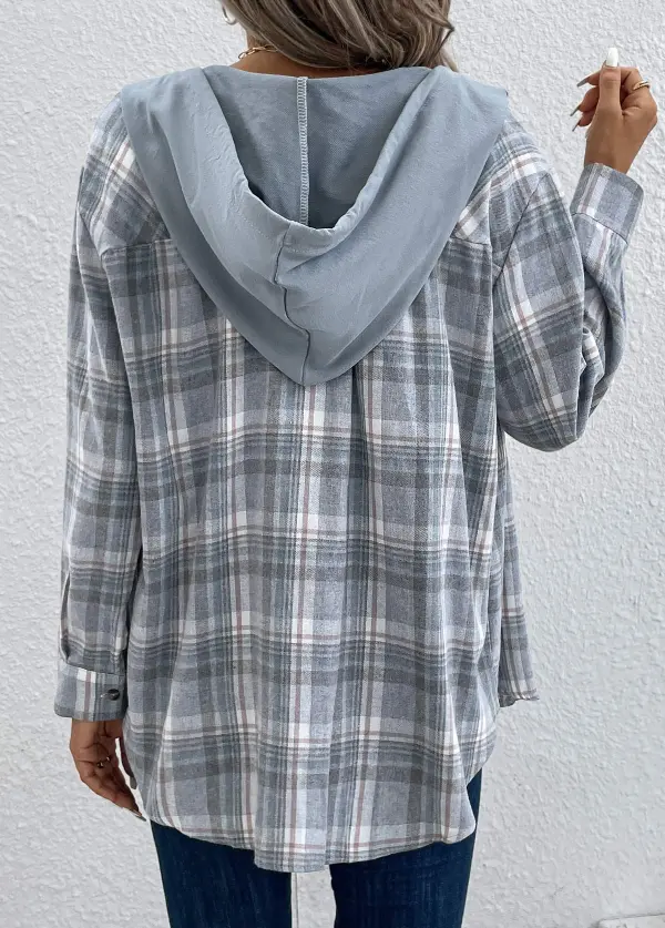 Dusty Blue Pocket Plaid Long Sleeve Hooded Coat