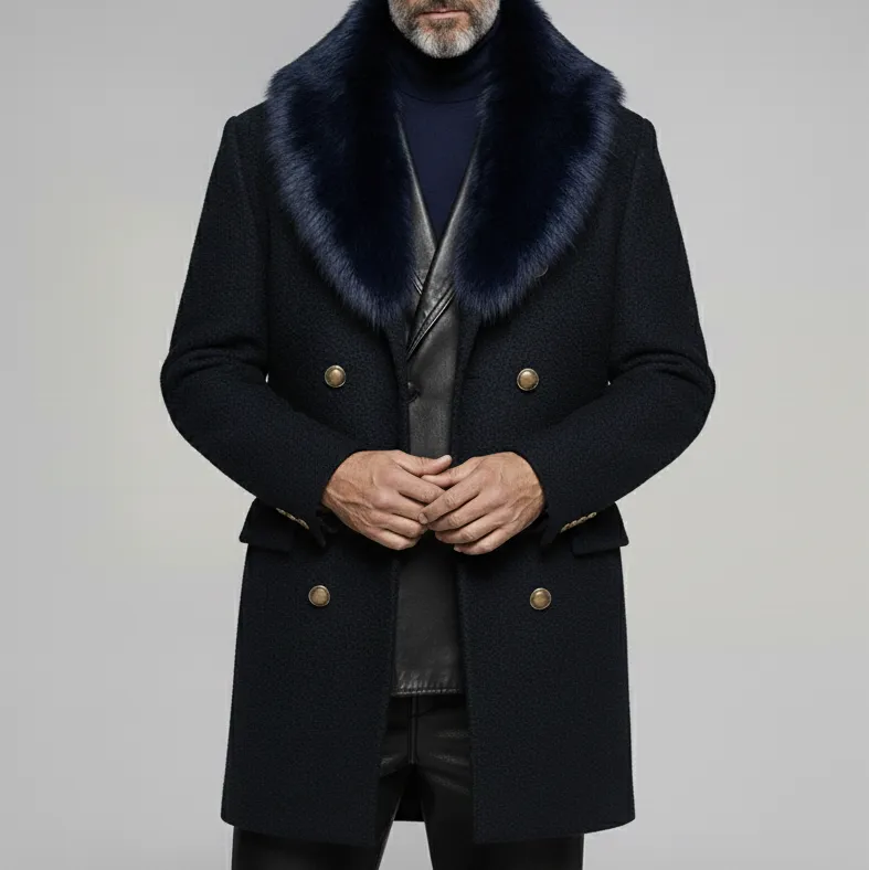 Men's Business Black Furry Collar Long Sleeve Double Breasted Mid-Length Overcoat