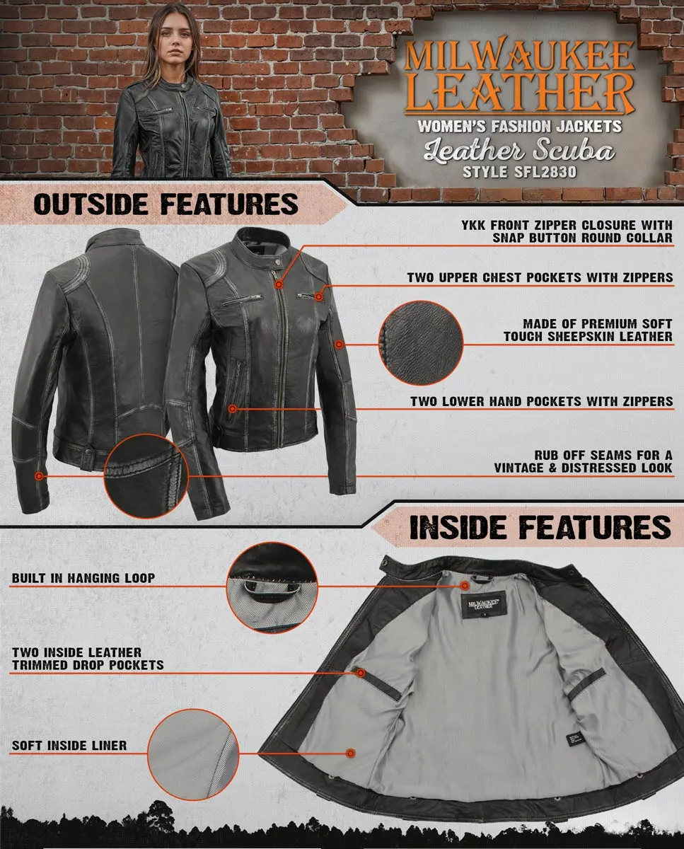 Leather SFL2830 Women's Black Sheepskin Scuba Style Fashion Leather Jacket