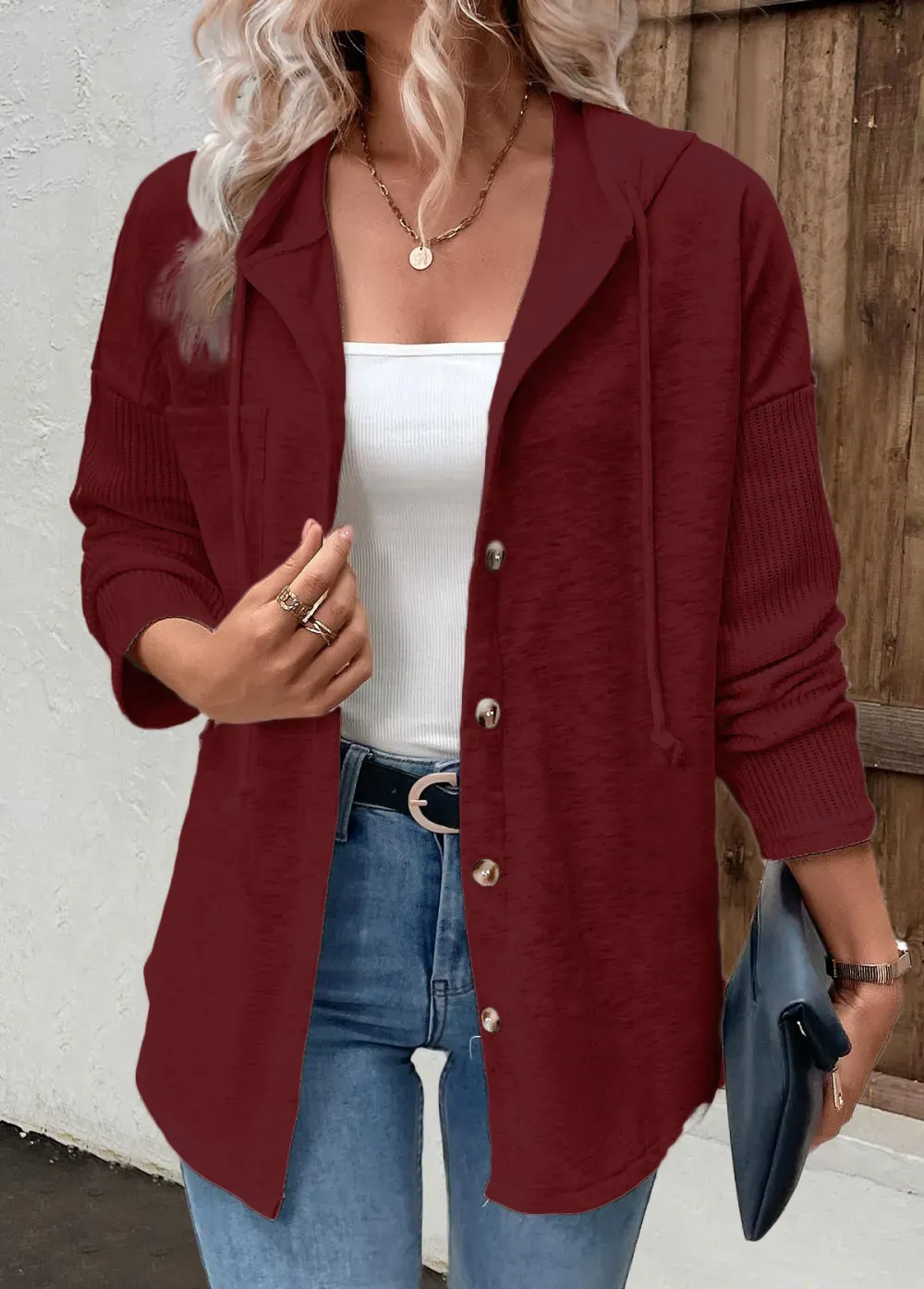 Wine Red Patchwork Long Sleeve Hoodie